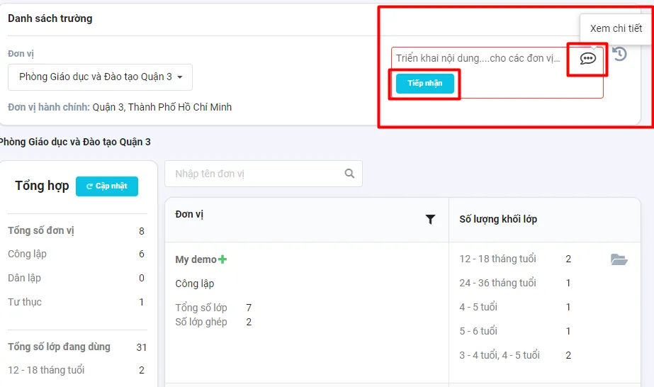 Màn hình xem nhận xét, tiếp nhận nhận xét từ Sở giáo dục
