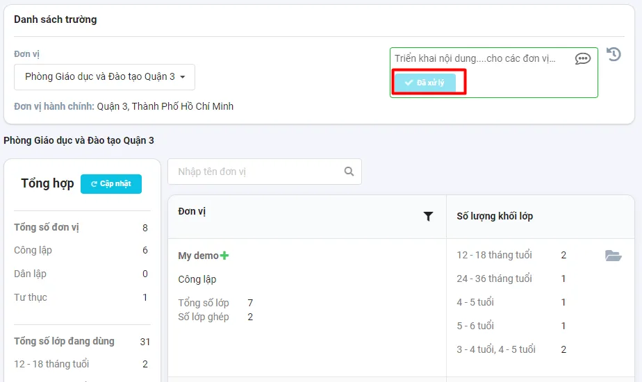 Màn hình phản hồi đã xử lý cho Sở giáo dục