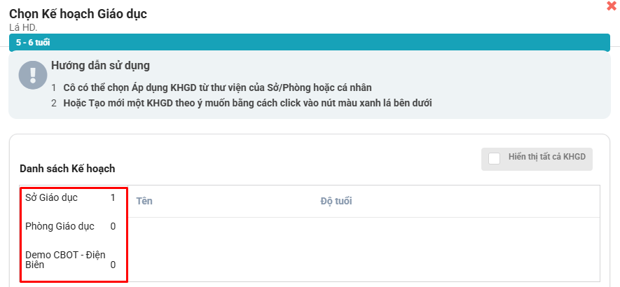 Màn hình chọn thư mục lưu bộ kế hoạch mẫu