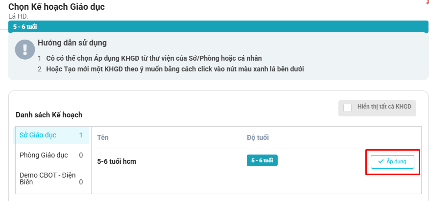 Màn hình áp dụng bộ kế hoạch giáo dục mẫu về lớp