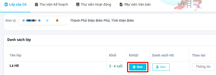 Màn hình xem kế hoạch trong lớp
