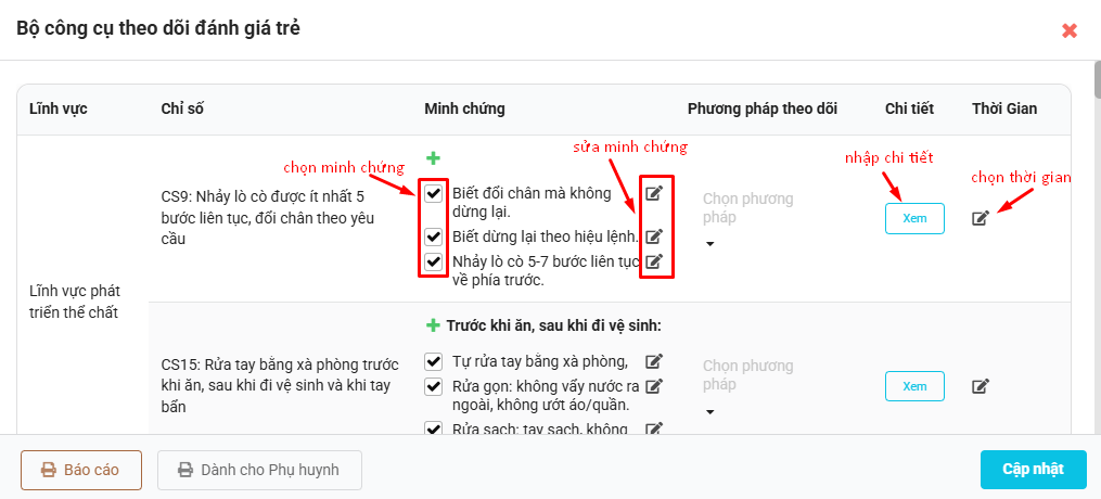 Màn hình cập nhật minh chứng, phương pháp theo dõi, nhập chi tiết