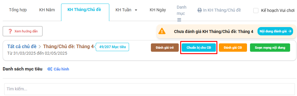 Màn hình chức năng chuẩn bị cho chủ đề
