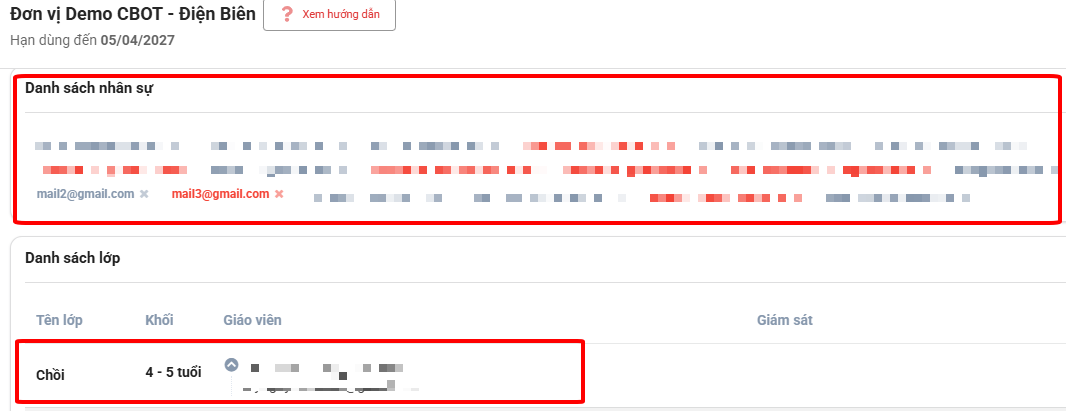 Màn hình danh sách nhân sự và danh sách lớp