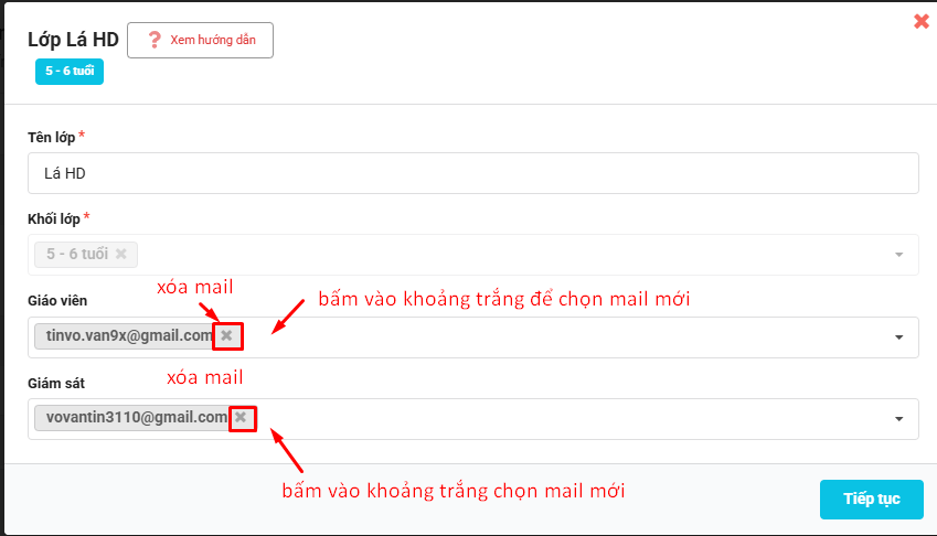Màn hình thay đổi thông tin tên lớp, giáo viên, giám sát trong lớp