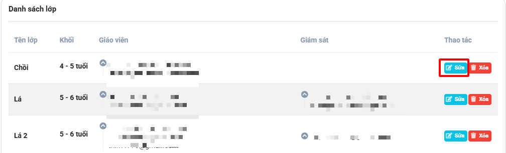 Màn hình chọn sửa thông tin lớp