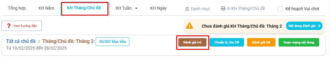 Màn hình chọn đánh giá trẻ theo tháng