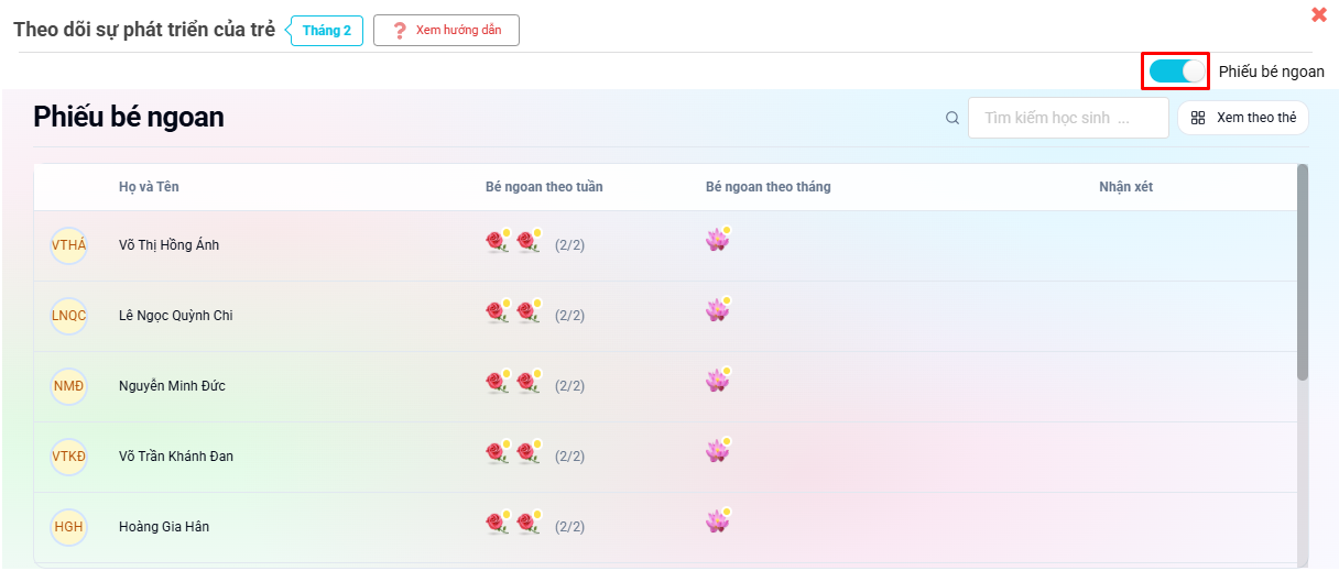 Màn hình phiếu bé ngoan