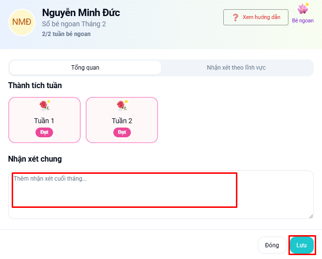 Màn hình nhận xét chung vào cuối tháng