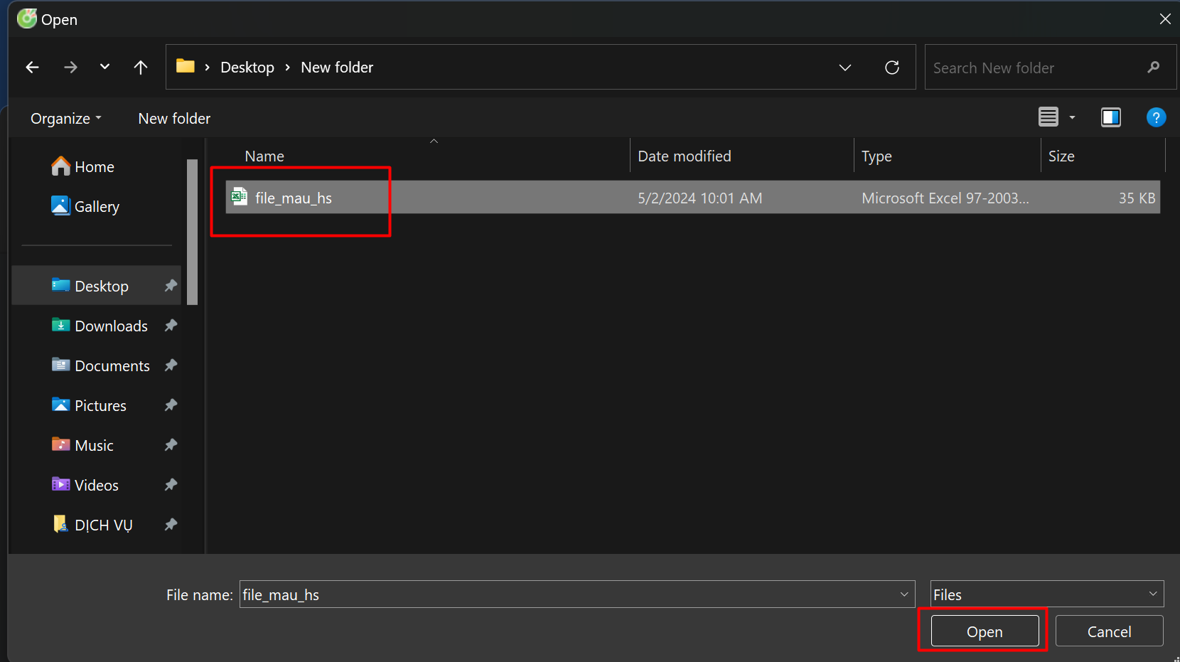 Màn hình chọn file học sinh từ máy tính
