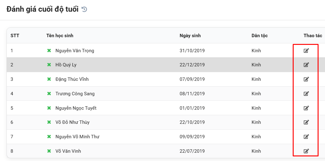 Màn hình nhập thông tin đánh giá cuối độ tuổi cho học sinh