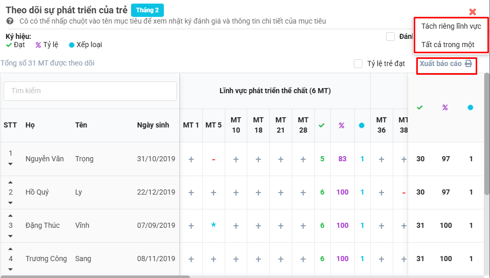 Màn hình xuất file đánh giá trẻ theo tháng 