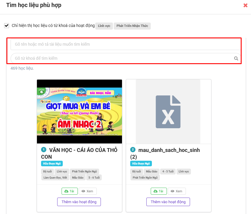Màn hình tìm kiếm học liệu