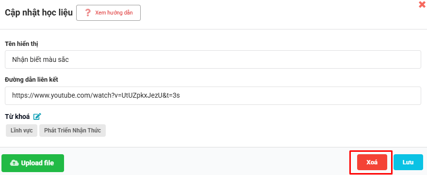 Màn hình chọn xóa học liệu