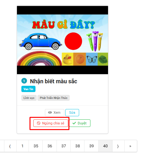 Màn hình chọn ngừng chia sẻ học liệu