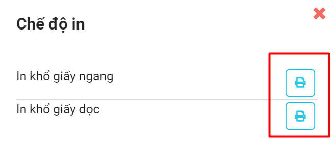 Màn hình chọn chế độ in ngang, in dọc