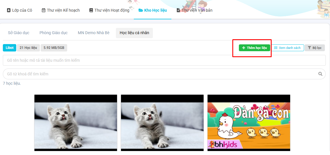 Màn hình thêm học liệu