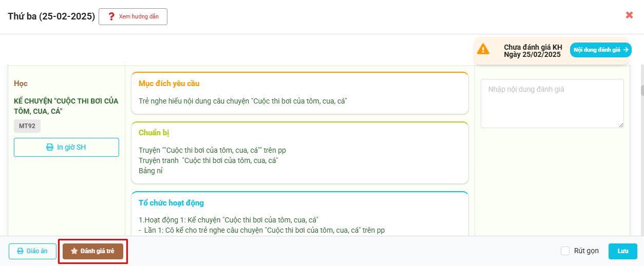 Màn hình chọn đánh giá trẻ theo mục tiêu