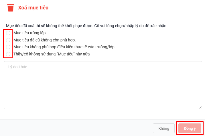 Màn hình xác nhận xóa mục tiêu