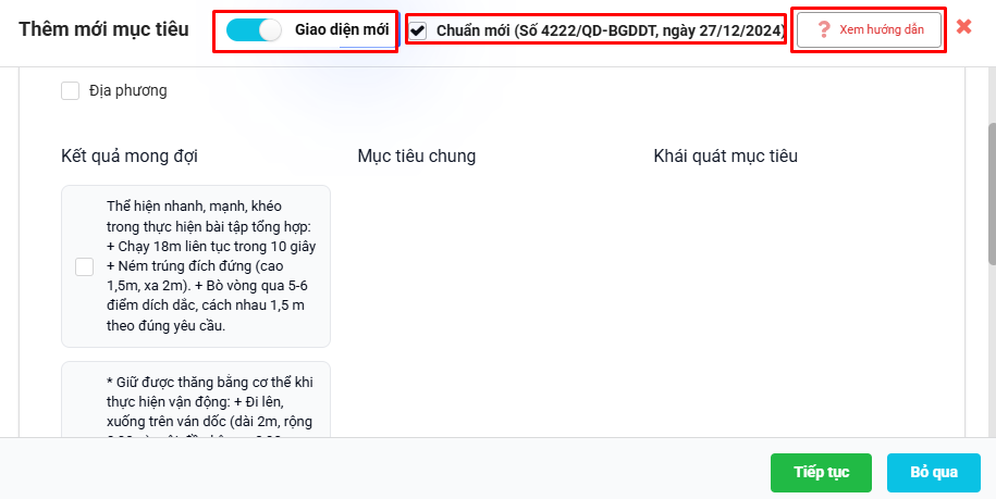 Chọn khái quát mục tiêu kết hợp chuẩn mới của khối Lá