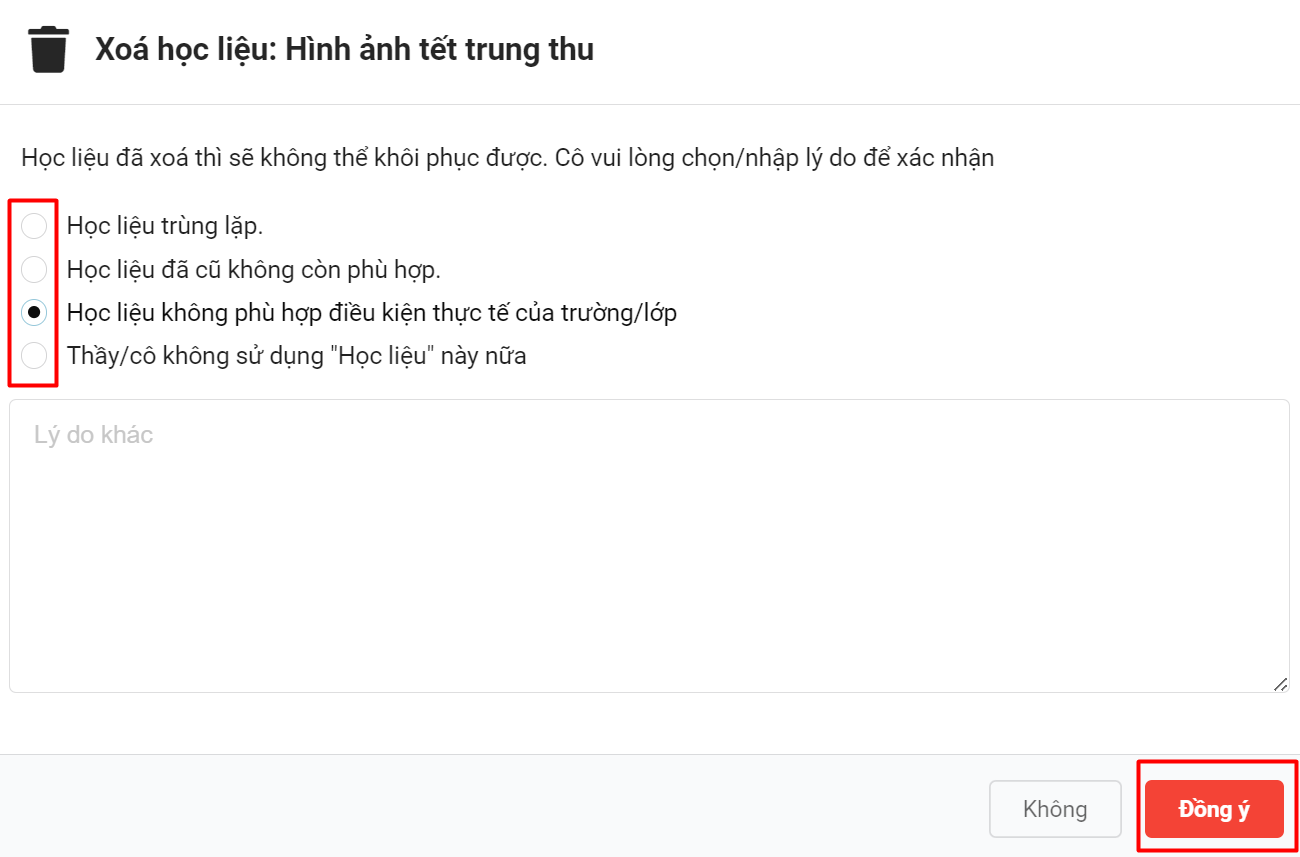 Màn hình xác nhận xóa học liệu