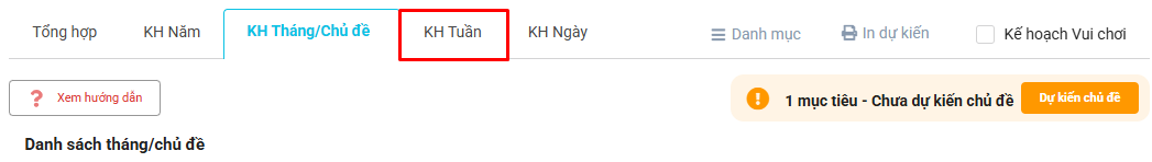 Màn hình chọn kế hoạch tuần