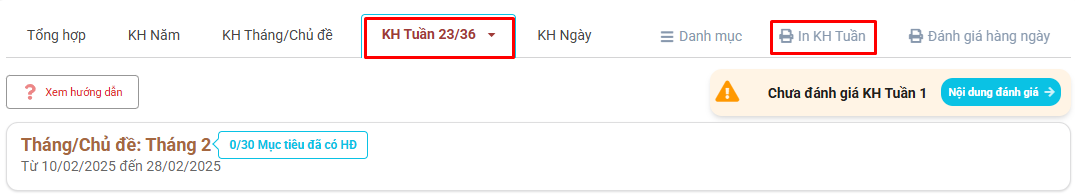 Màn hình in kế hoạch tuần