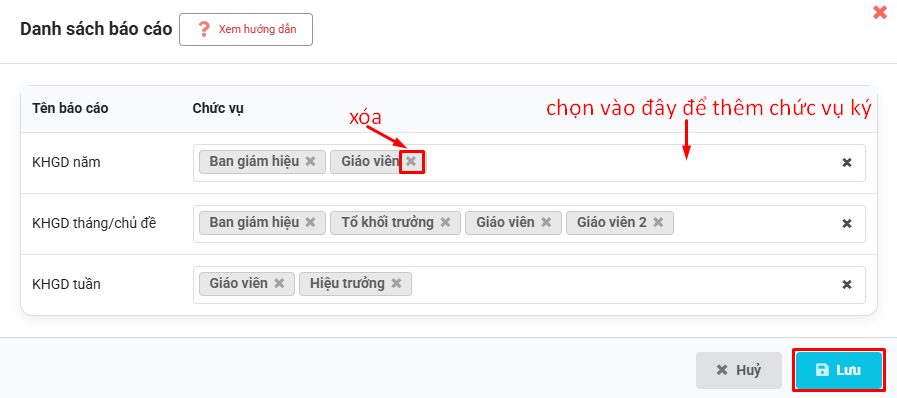 Màn hình điều chỉnh chức vụ ký số trong các báo cáo