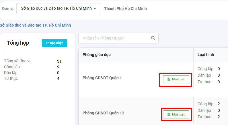 Màn hình chọn nhận xét Phòng giáo dục