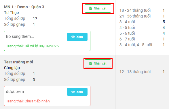 Màn hình chọn Nhận xét trường