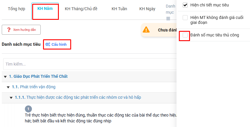Màn hình bật tính năng đánh số mục tiêu thủ công