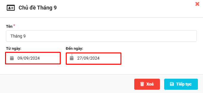 Màn hình điều chỉnh tên, thời gian của tháng/chủ đề