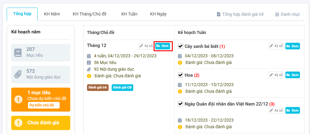 Màn hình mở nhanh kế hoạch Tháng/Chủ đề