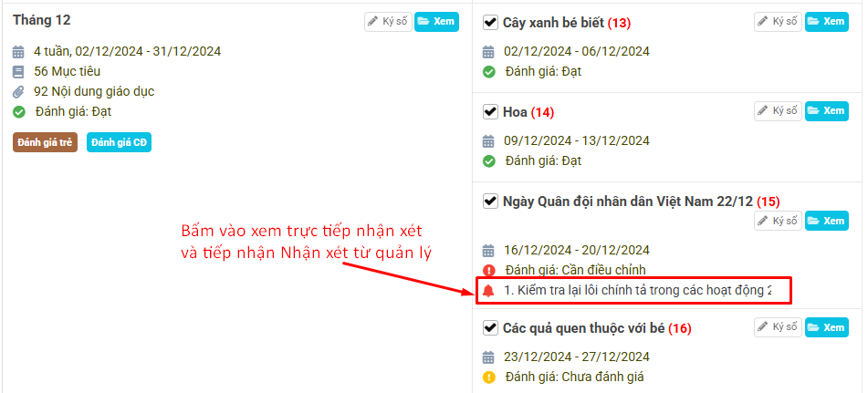 Màn hình xem nhận xét của quản lý