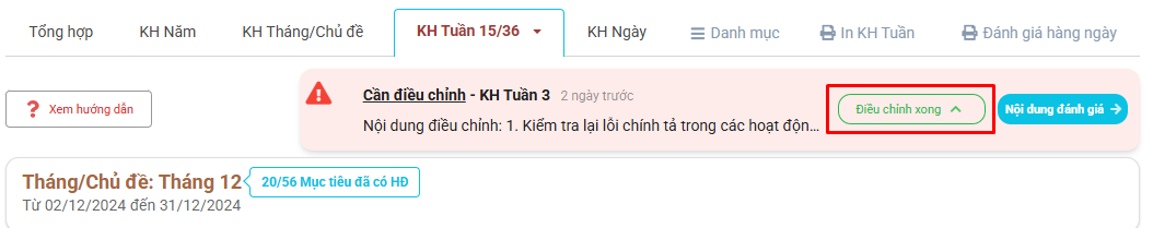 Màn hình phản hồi đã điều chỉnh xong