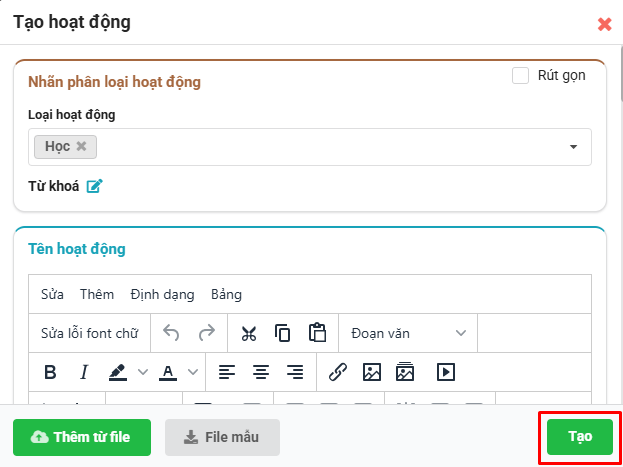 Màn hình cập nhật hoạt động được thêm từ file word