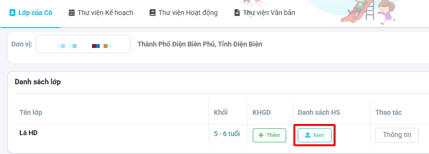 Màn hình xem danh sách học sinh