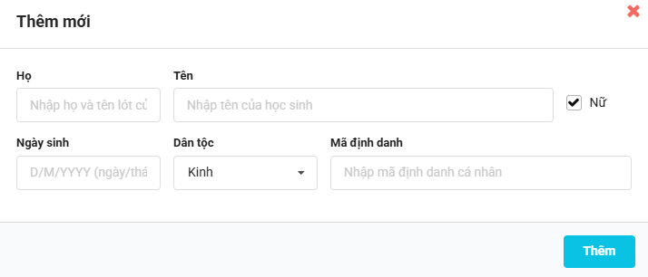 Màn hình nhập thông tin học sinh
