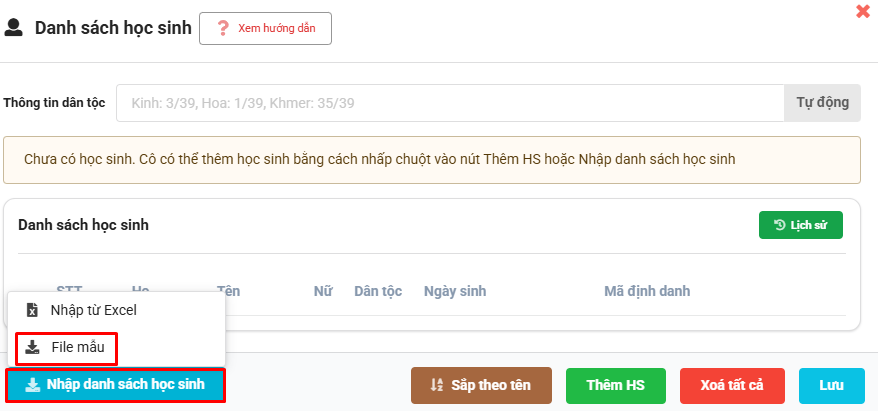 Màn hình tải file mẫu học sinh