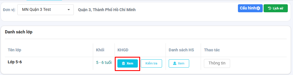 Màn hình xem kế hoạch giáo dục của lớp