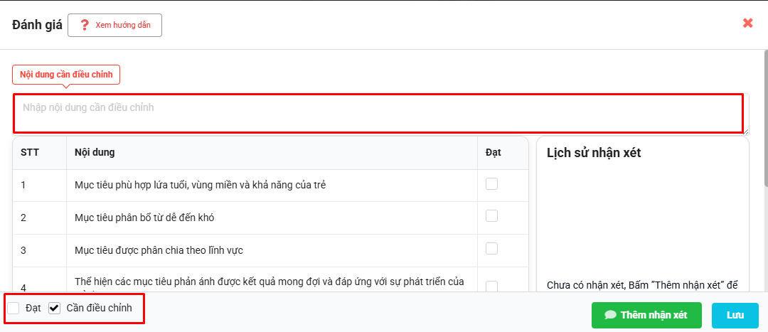 Màn hình thao tác đánh giá kế hoạch năm