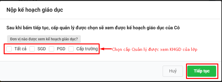 Màn hình chọn cấp quản lý được xem kế hoạch giáo dục của lớp