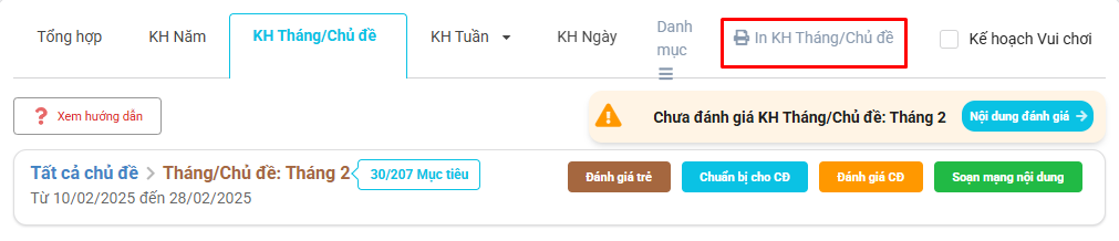 Màn hình in kế hoạch tháng/chủ đề